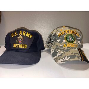 Lot of 2 US Army Retired Hats Navy Blue Snapback & Digital Camo Adjustable Cap
